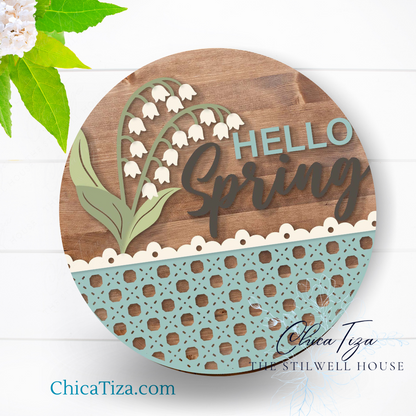 Hello Spring Lilly of the Valley  - Round  Wood Door Sign | Hanger | ChicaTiza