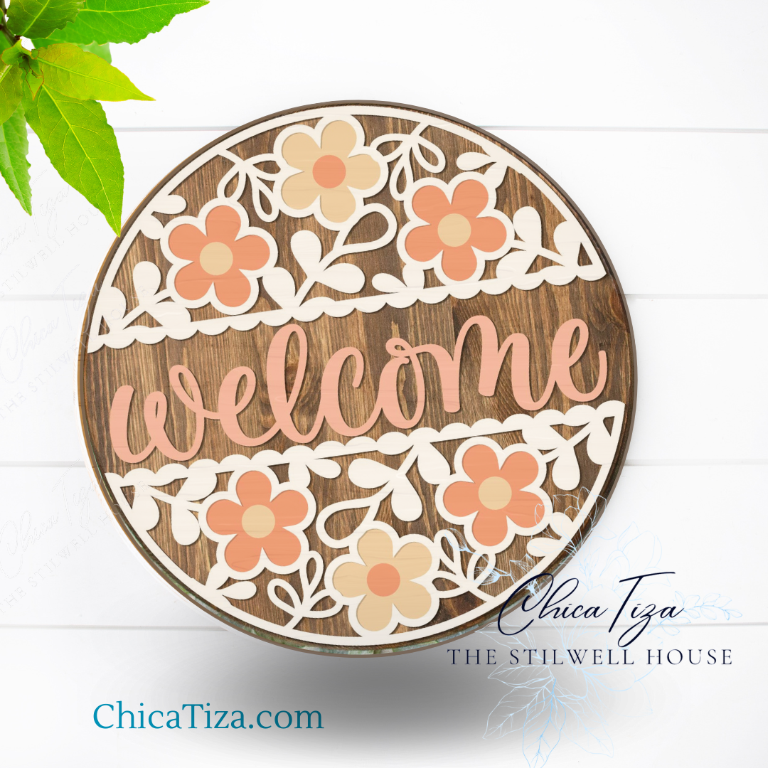 Floral Welcome Full - Round Wood Door Sign | Hanger | ChicaTiza