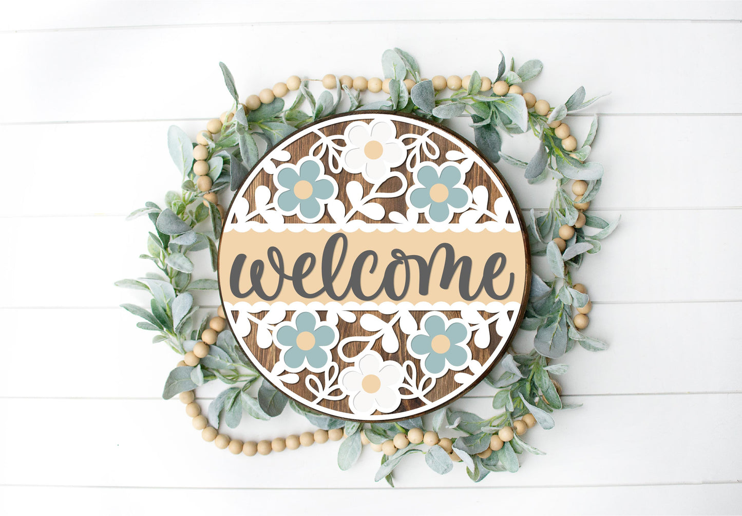 Floral Welcome Full - Round Wood Door Sign | Hanger | ChicaTiza