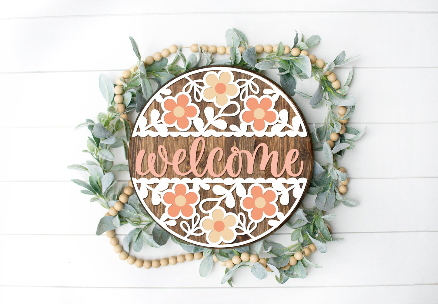 Floral Welcome Full - Round Wood Door Sign | Hanger | ChicaTiza