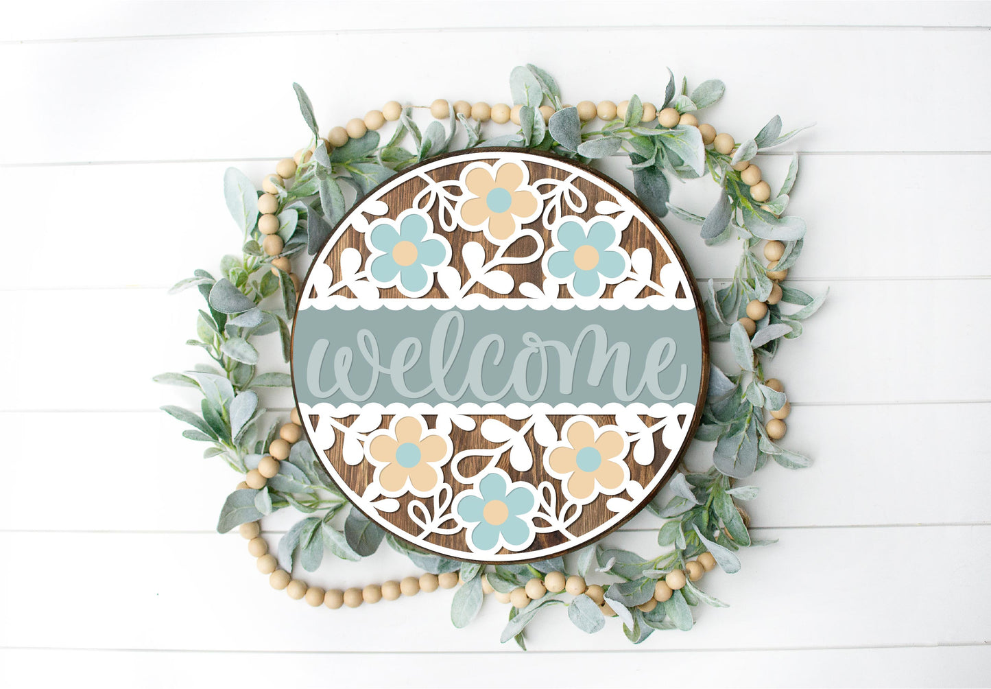 Floral Welcome Full - Round Wood Door Sign | Hanger | ChicaTiza