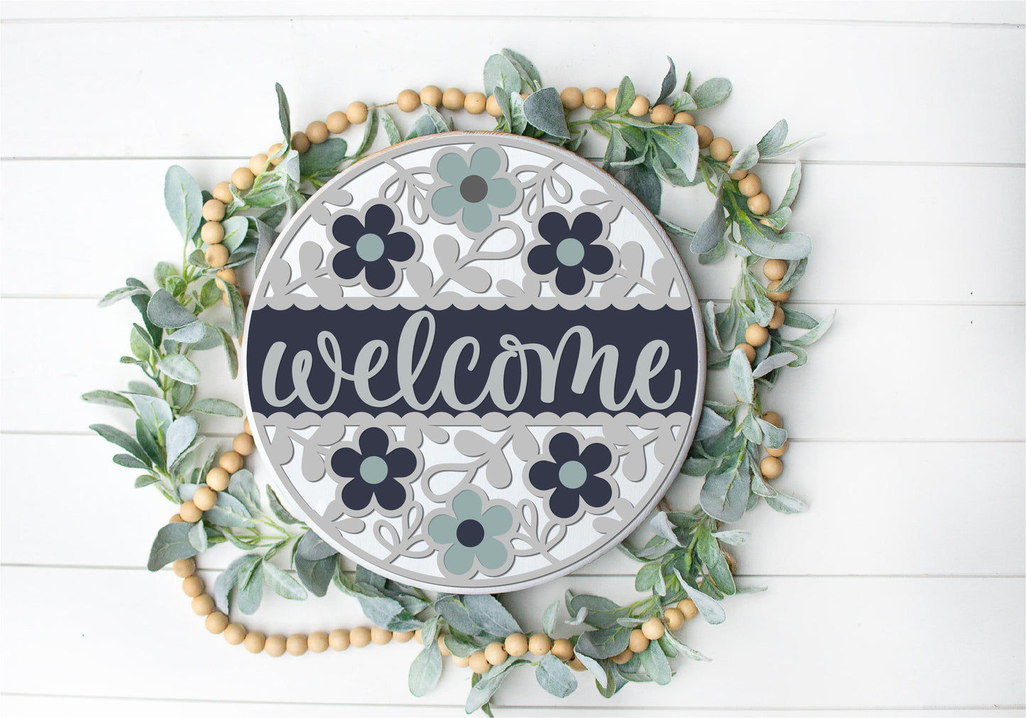 Floral Welcome Full - Round Wood Door Sign | Hanger | ChicaTiza