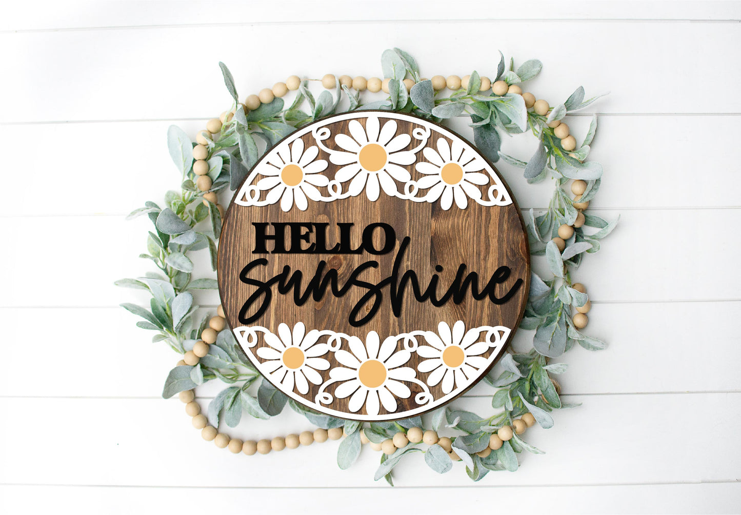 Hello Sunshine Daisies - Round Wood Door Sign | Hanger | ChicaTiza