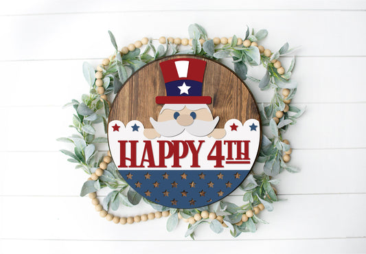 Happy Fourth Uncle Sam 2023  - Round  Wood Door Sign | Hanger | ChicaTiza