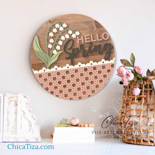 Hello Spring Lilly of the Valley  - Round  Wood Door Sign | Hanger | ChicaTiza