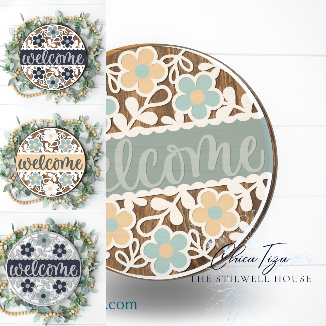 Floral Welcome Full - Round Wood Door Sign | Hanger | ChicaTiza
