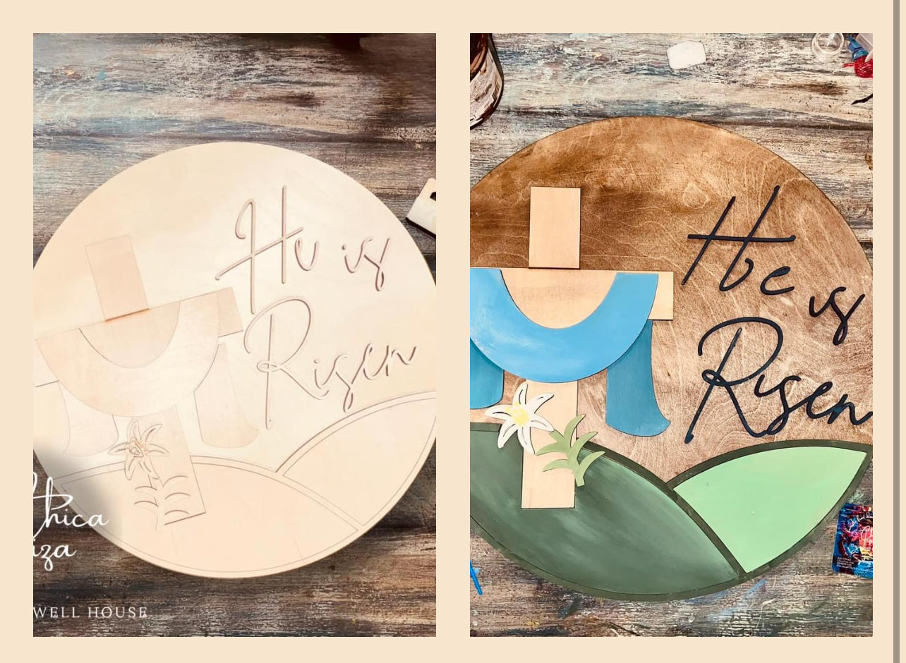 He Is Risen 1 Cross - Round Wood Door Sign | Hanger | ChicaTiza