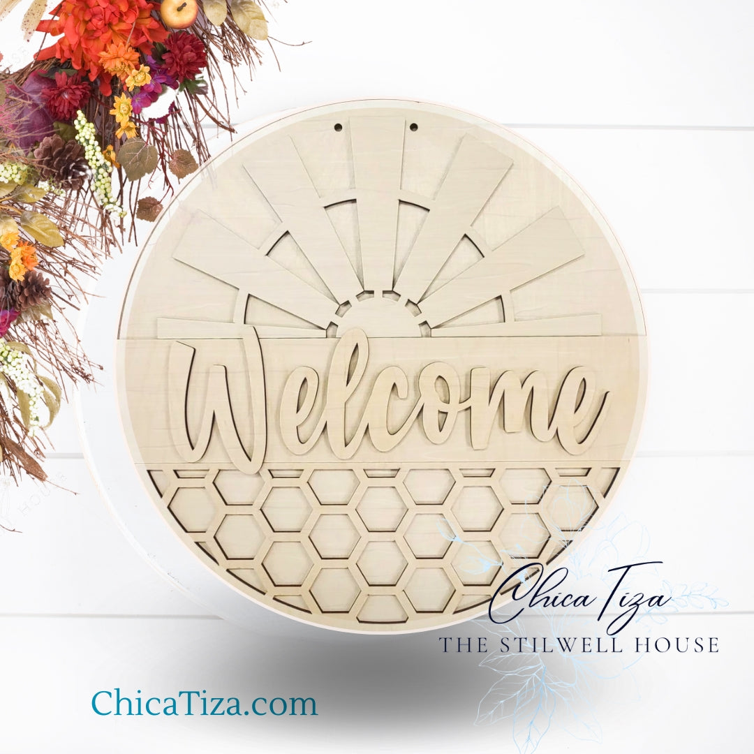 Farmhouse Windmill/hexagon - Round Wood Door Sign | Hanger | ChicaTiza