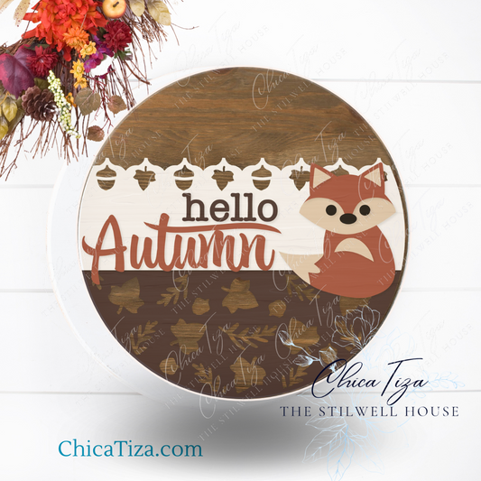 Hello Autumn Fox - Round  Wood Door Sign | Hanger | ChicaTiza