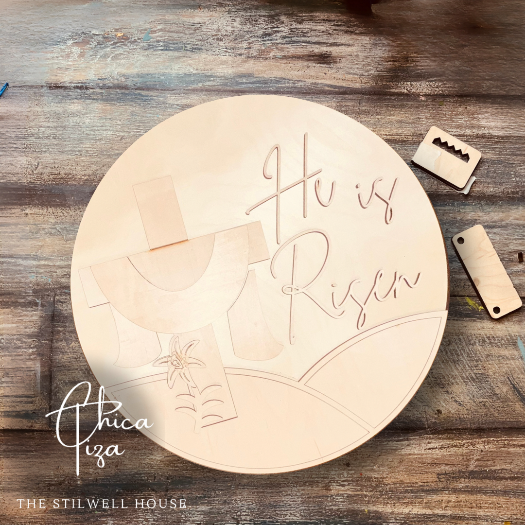 He Is Risen 1 Cross - Round Wood Door Sign | Hanger | ChicaTiza