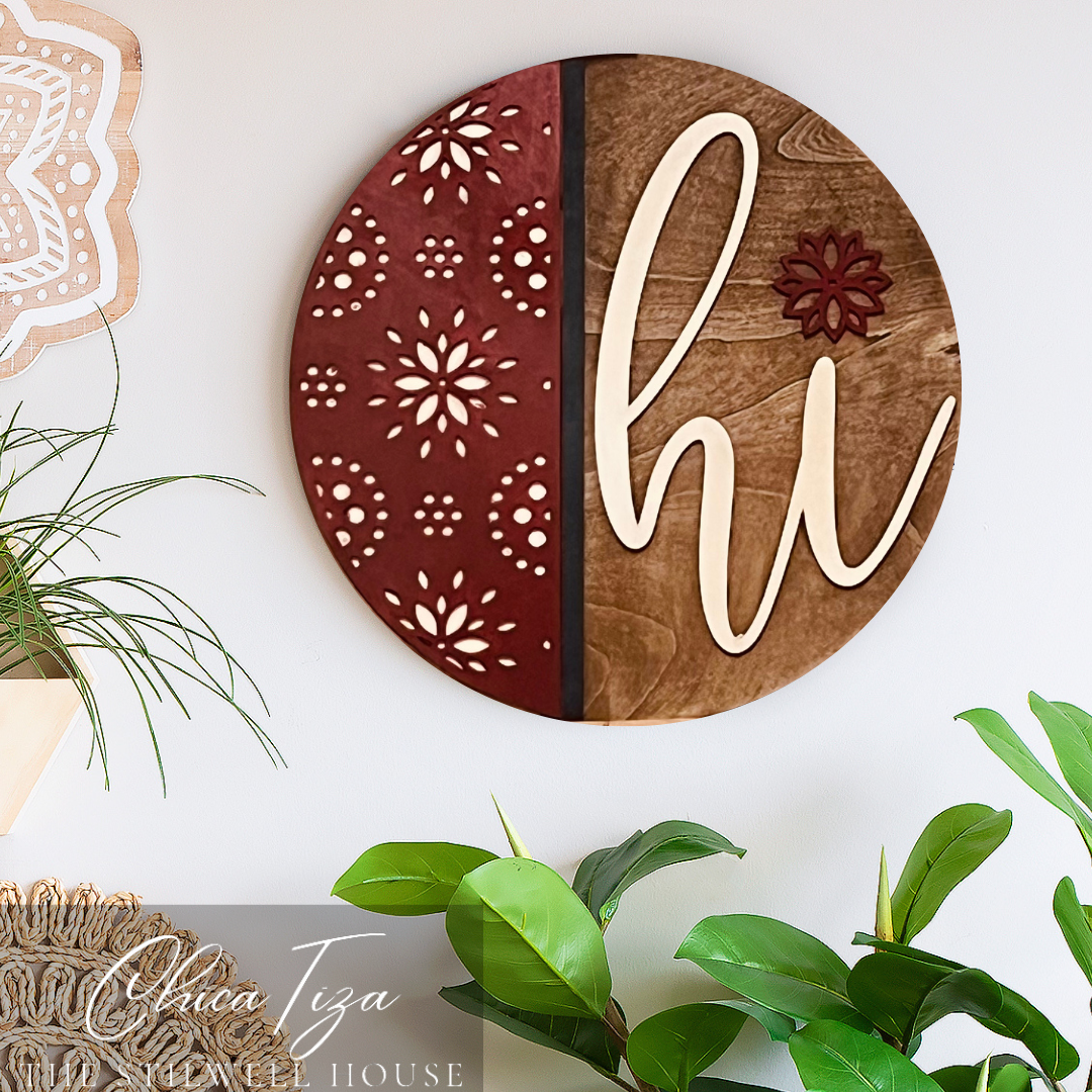 Flower Burst Hi - Round Wood Door Sign | Hanger | ChicaTiza