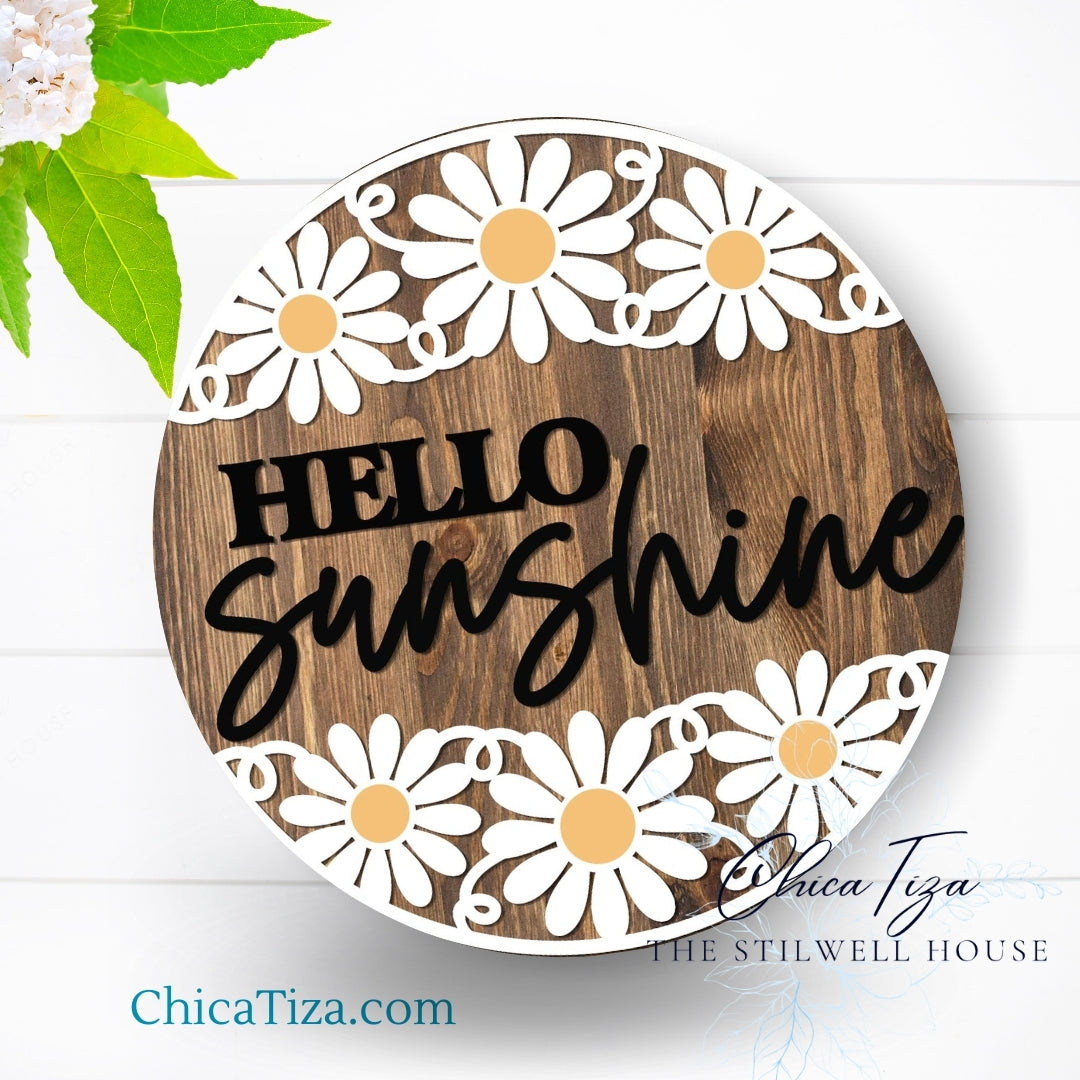 Hello Sunshine Daisies - Round Wood Door Sign | Hanger | ChicaTiza