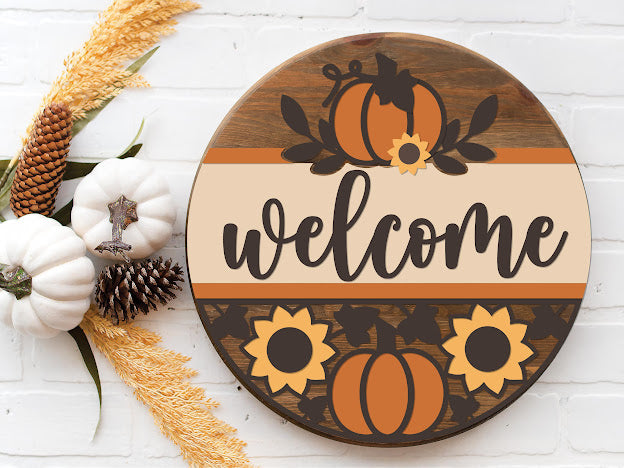 Welcome Pumpkin Sunflower Cutout- Round Wood Door Sign | Hanger | ChicaTiza