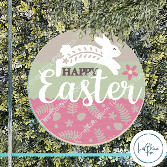 Happy Easter Folk Bunny - Round  Wood Door Sign | Hanger | ChicaTiza