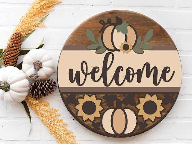 Welcome Pumpkin Sunflower Cutout- Round Wood Door Sign | Hanger | ChicaTiza