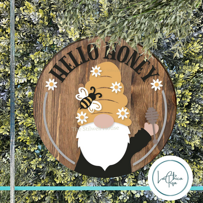 Hello Honey Beehive Gnome - Round  Wood Door Sign | Hanger | ChicaTiza