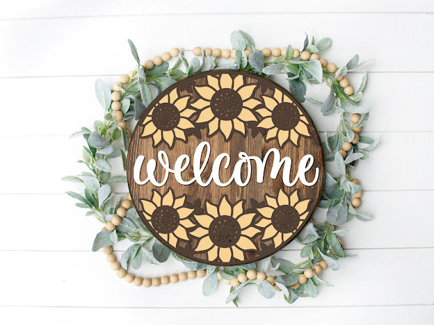 Hello Sunshine Sunflower - Round Wood Door Sign | Hanger | ChicaTiza