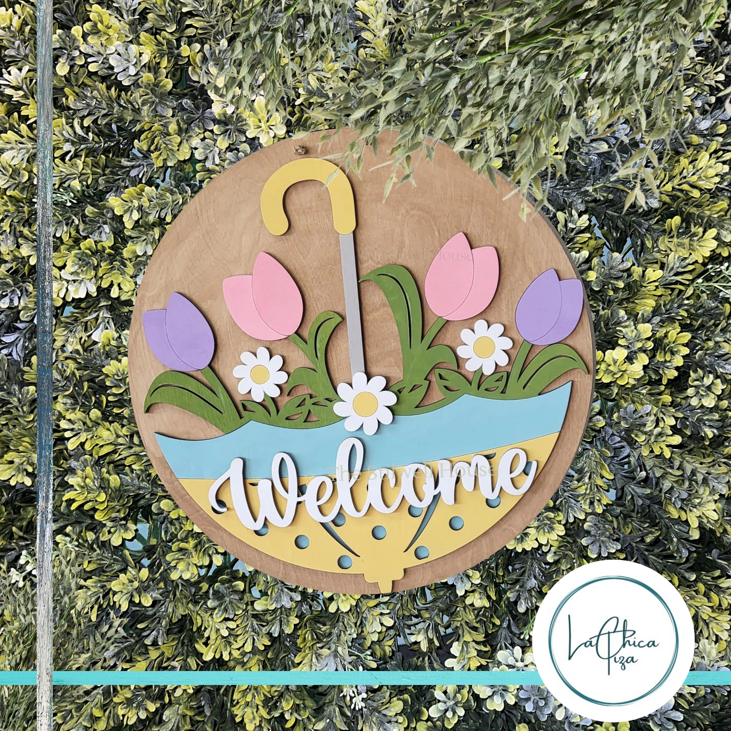 Tulip Umbrella - Round Wood Door Sign | Hanger | ChicaTiza