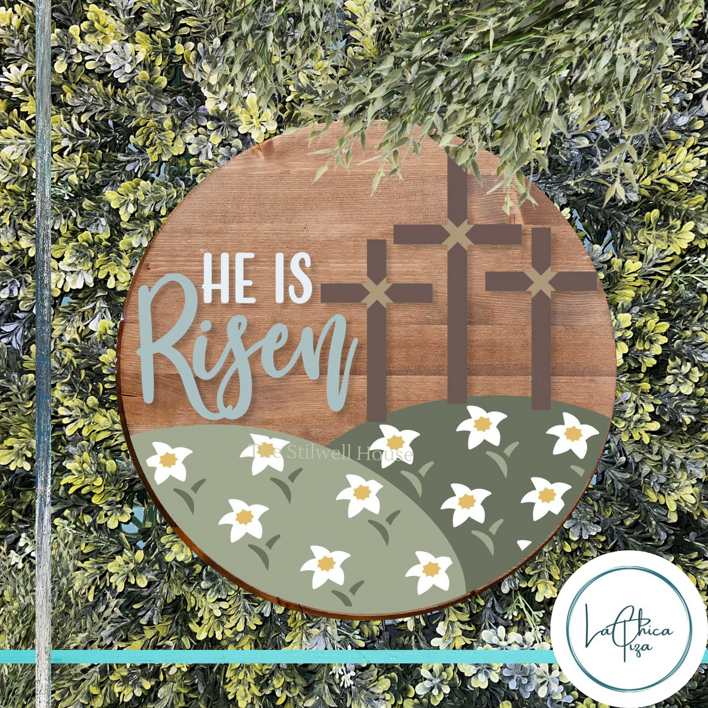 He Is Risen Round 3 Crosses - Round Wood Door Sign | Hanger | ChicaTiza