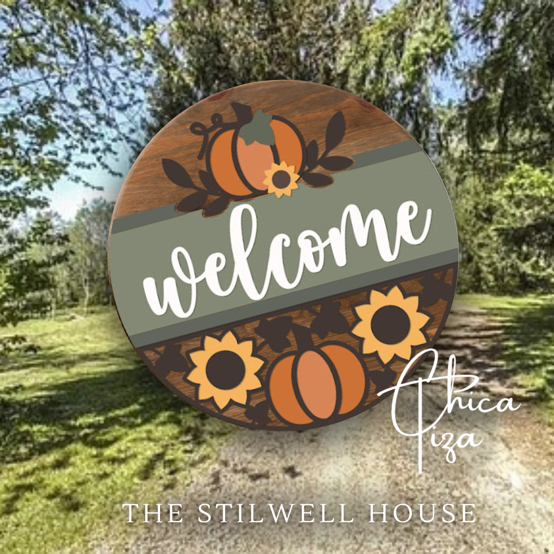 Welcome Pumpkin Sunflower Cutout- Round Wood Door Sign | Hanger | ChicaTiza