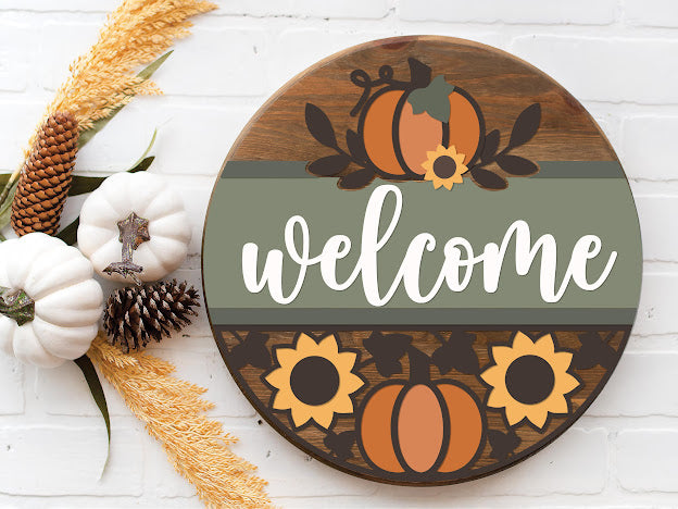 Welcome Pumpkin Sunflower Cutout- Round Wood Door Sign | Hanger | ChicaTiza