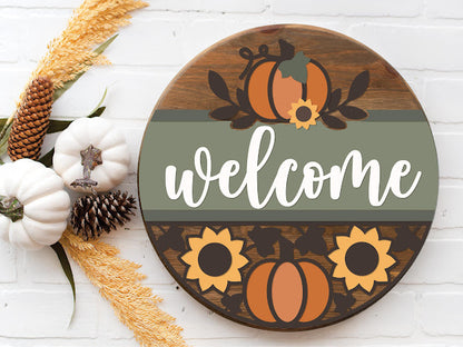 Welcome Pumpkin Sunflower Cutout- Round  Wood Door Sign | Hanger | ChicaTiza
