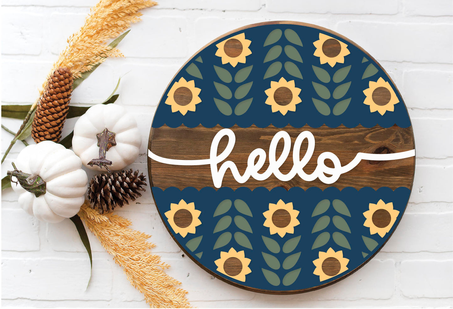 Scalloped Sun Flowers - Round Wood Door Sign | Hanger | ChicaTiza