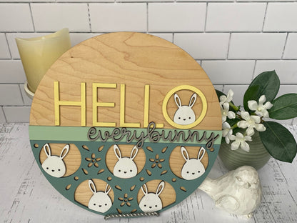 Hello Every Bunny - - Round  Wood Door Sign | Hanger | ChicaTiza