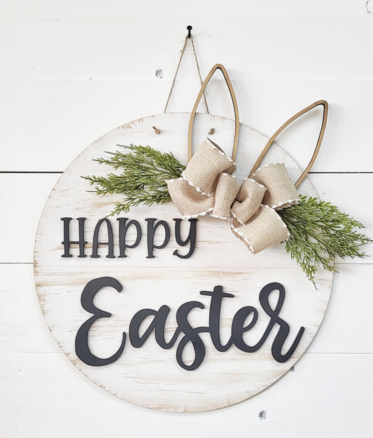 Happy Easter with Ears  - Round  Wood Door Sign | Hanger | ChicaTiza