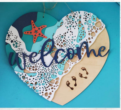 We Love the Beach - Beach Hearts  -Heart Shaped  Wood Door Sign | Hanger | ChicaTiza