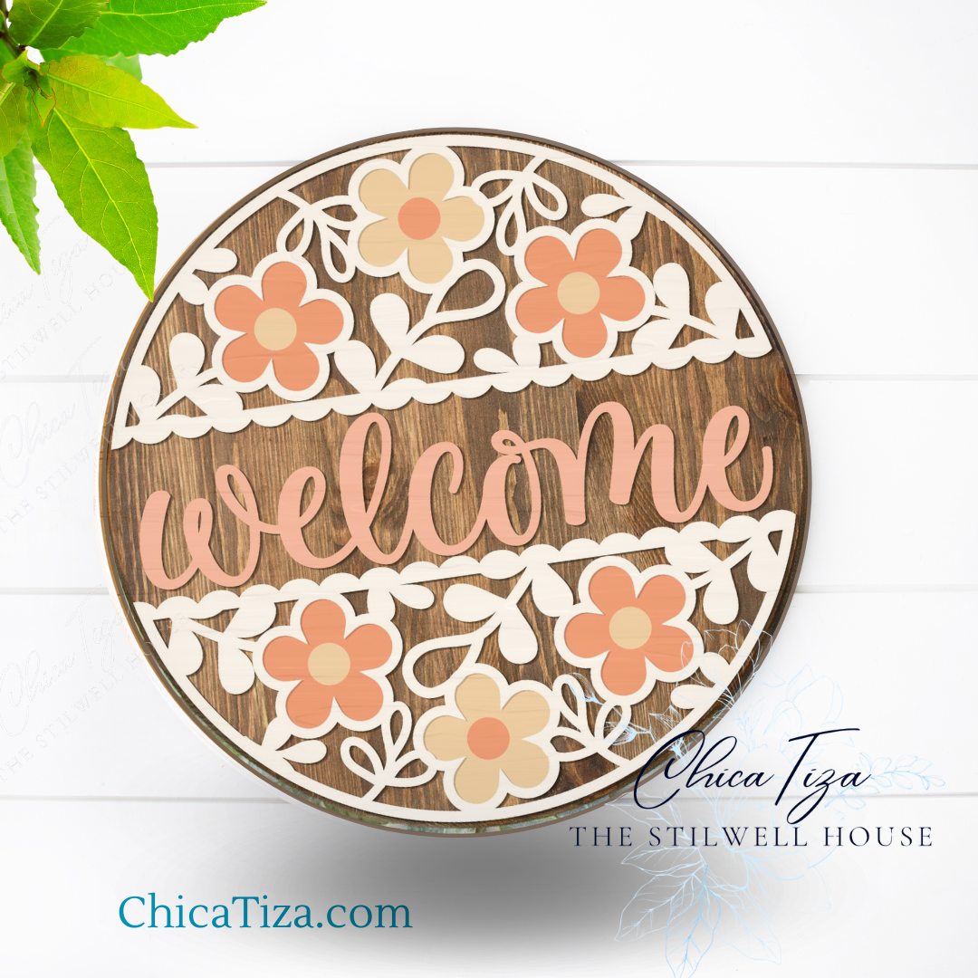 Floral Welcome Full  - Round  Wood Door Sign | Hanger | ChicaTiza