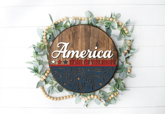 America Home of the Brave  - Round  Wood Door Sign | Hanger | ChicaTiza
