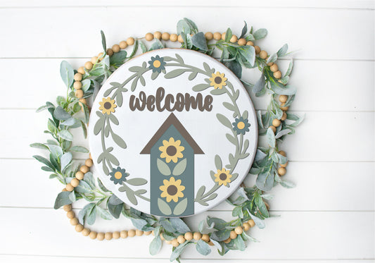 Welcome Daisy Birdhouse  - Round  Wood Door Sign | Hanger | ChicaTiza