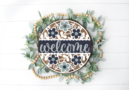 Floral Welcome Full  - Round  Wood Door Sign | Hanger | ChicaTiza