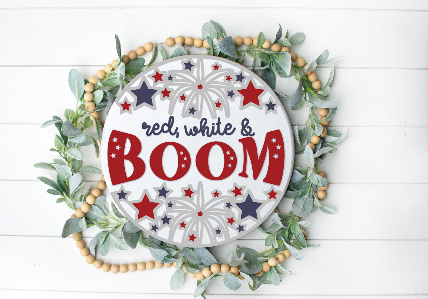 Red White and Boom Patriotic  - Round  Wood Door Sign | Hanger | ChicaTiza