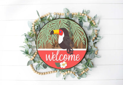 Welcome Toucan Round  - Round  Wood Door Sign | Hanger | ChicaTiza