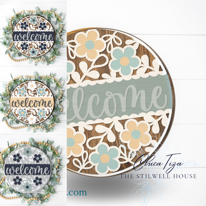 Floral Welcome Full  - Round  Wood Door Sign | Hanger | ChicaTiza