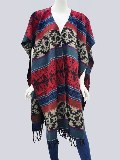 Raj - Nancy Aztec Print Poncho Kimono Burgundy/Teal/Multi