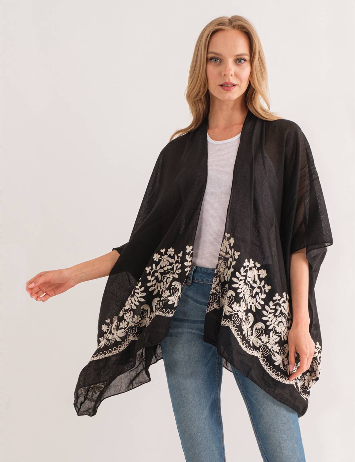 Raj  - Audrey Black Border Embroidered Kimono