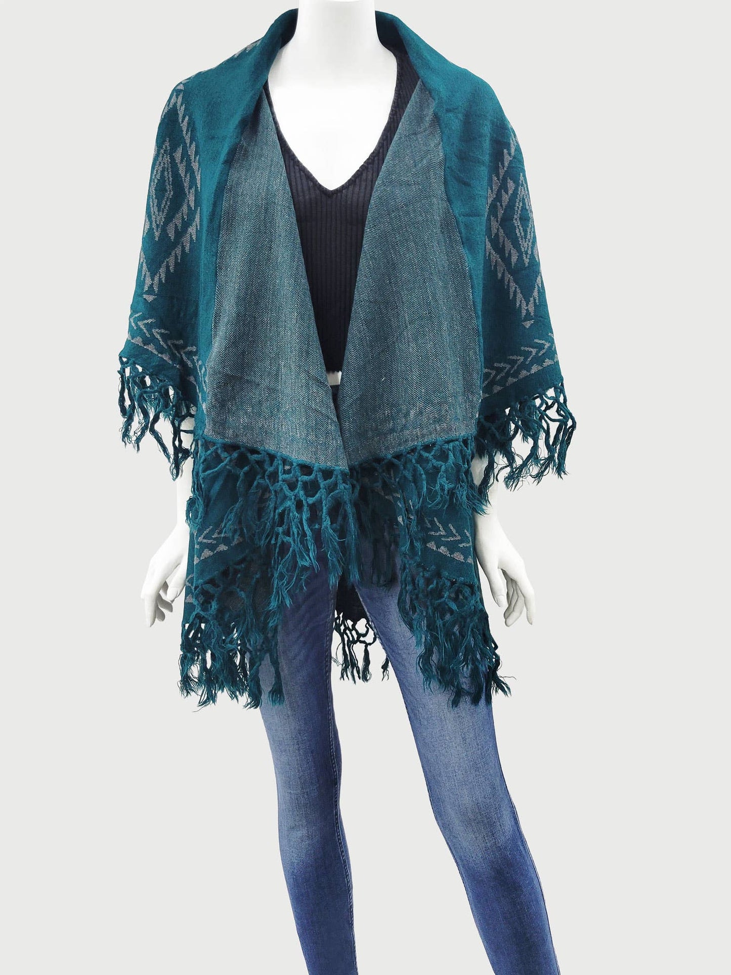 Trudy Aztec Printed Poncho with Border Tassels Teal