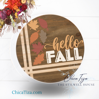 Hello Fall with Stripes and Leaves  - Round  Wood Door Sign | Hanger | ChicaTiza