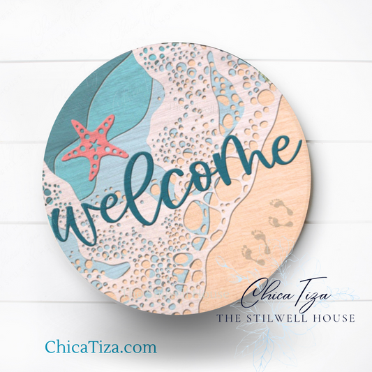 Coastal Round with Starfish  - Round  Wood Door Sign | Hanger | ChicaTiza