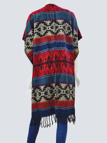 Raj - Nancy Aztec Print Poncho Kimono Burgundy/Teal/Multi