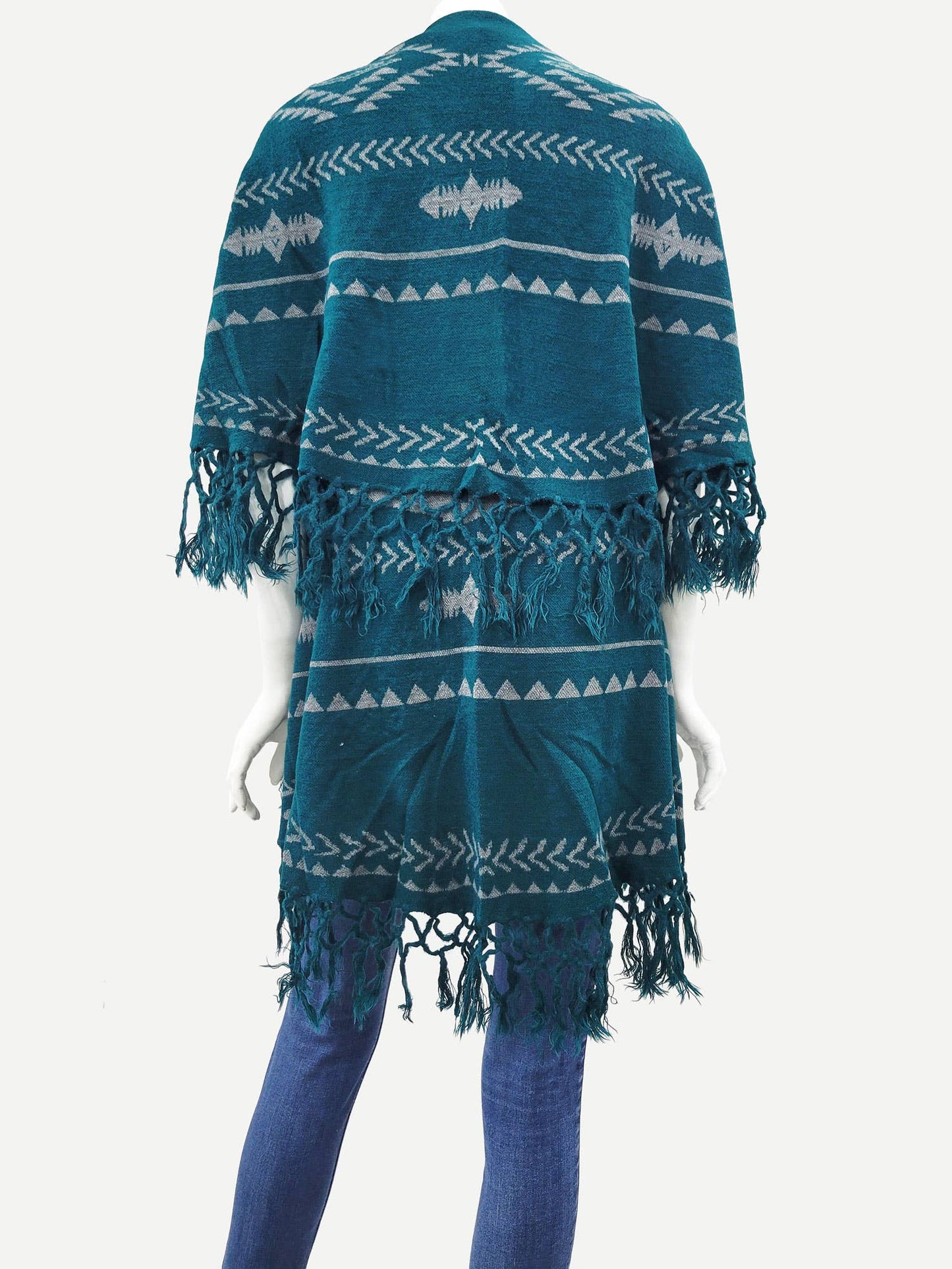 Trudy Aztec Printed Poncho with Border Tassels Teal