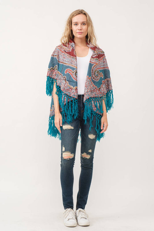 Raj -Gisele Embroidered Poncho: Turquoise with Rust Multi / One Size Fits Most