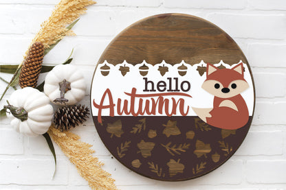 Hello Autumn Fox - Round  Wood Door Sign | Hanger | ChicaTiza