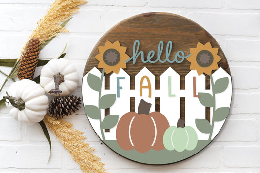 Hello Fall Fence -  - Round  Wood Door Sign | Hanger | ChicaTiza