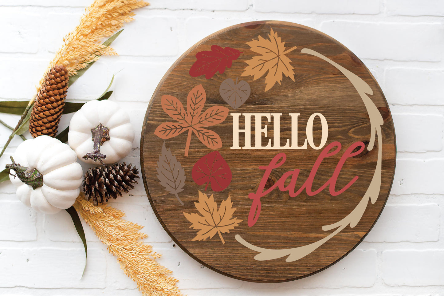 Hello Fall Leaf -  - Round  Wood Door Sign | Hanger | ChicaTiza