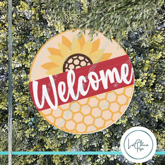 Welcome Sunflower HoneyComb  - Round  Wood Door Sign | Hanger | ChicaTiza
