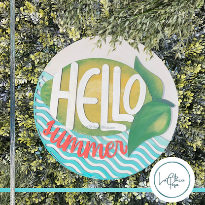 Hello Summer Lemon  - Round  Wood Door Sign | Hanger | ChicaTiza